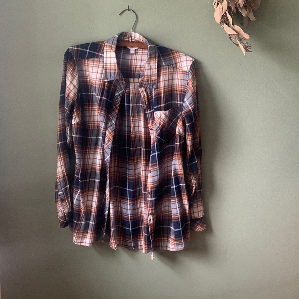 Orange and blue plaid button down